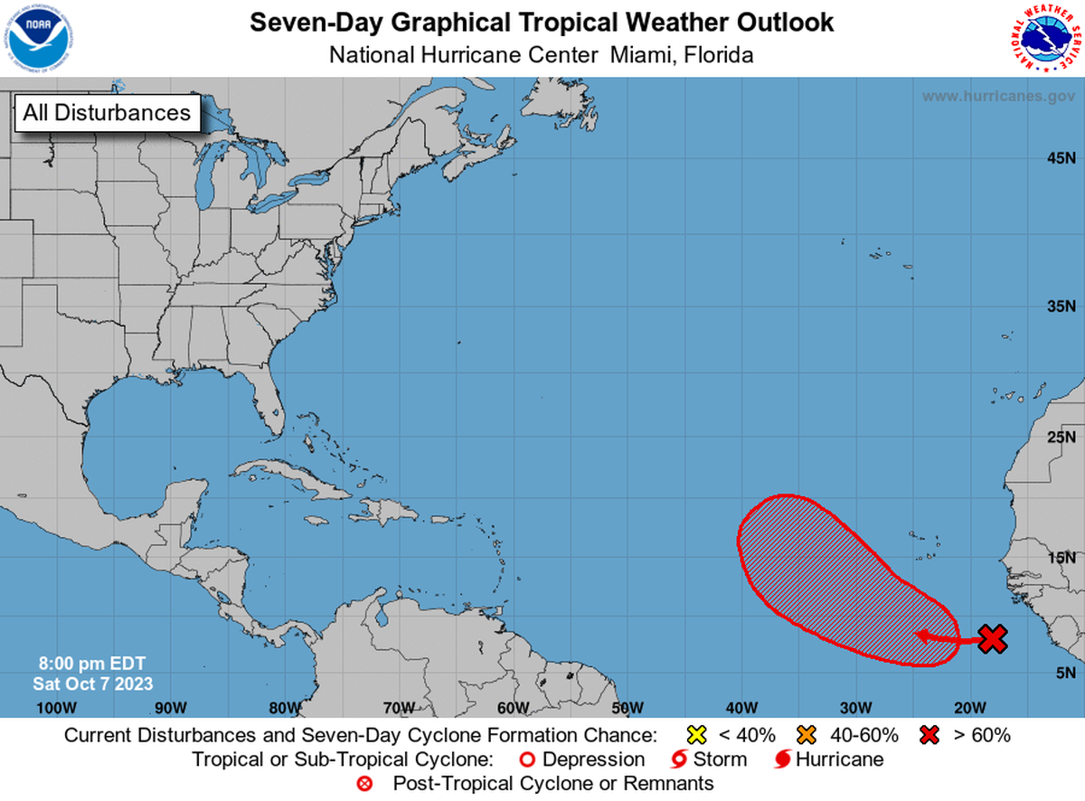Map of the tropics on Saturday, Oct. 7, 2023.