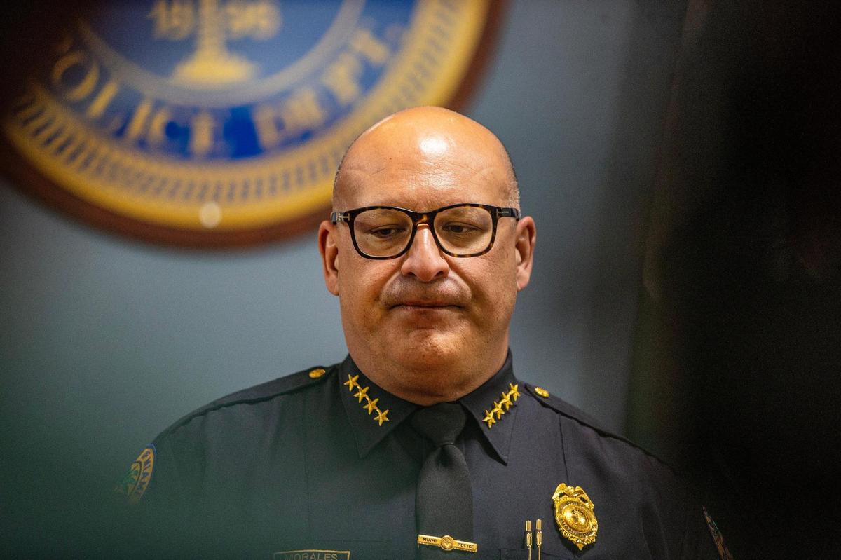 City of Miami Chief of Police Manny Morales speaks during a press conference about a Miami cop who was arrested Tuesday on a DUI charge after a Miami-Dade Schools police officer found him near a school passed out behind the wheel with a gun on his lap. The presser took place at the MDP headquarters in downtown Miami, on Wednesday November 01, 2023.
