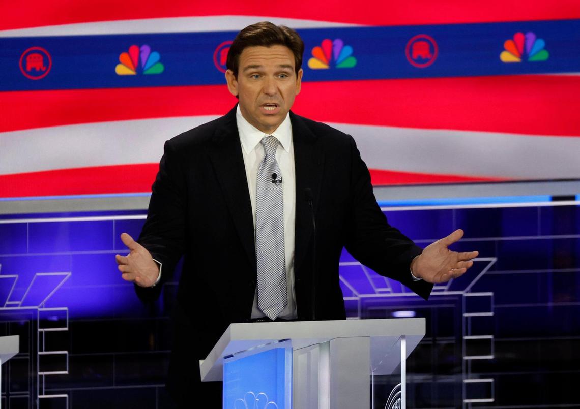 Florida Gov. Ron DeSantis speaks during the third Republican presidential primary debate at the Adrienne Arsht Center for the Performing Arts of Miami-Dade County on Wednesday, November 8, 2023, in downtown Miami, Fla.
