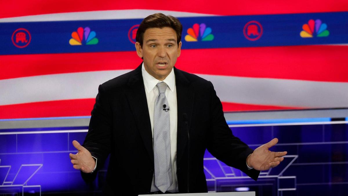 Florida Gov. Ron DeSantis speaks during the third Republican presidential primary debate at the Adrienne Arsht Center for the Performing Arts of Miami-Dade County in downtown Miami, Fla.