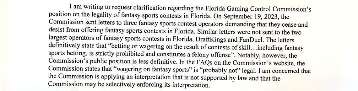 An excerpt from a letter Republican Sen. Joe Gruters sent to then-gambling regulator Louis Trombetta in December 2023 where he lays out his concerns regarding the cease and desist letters.