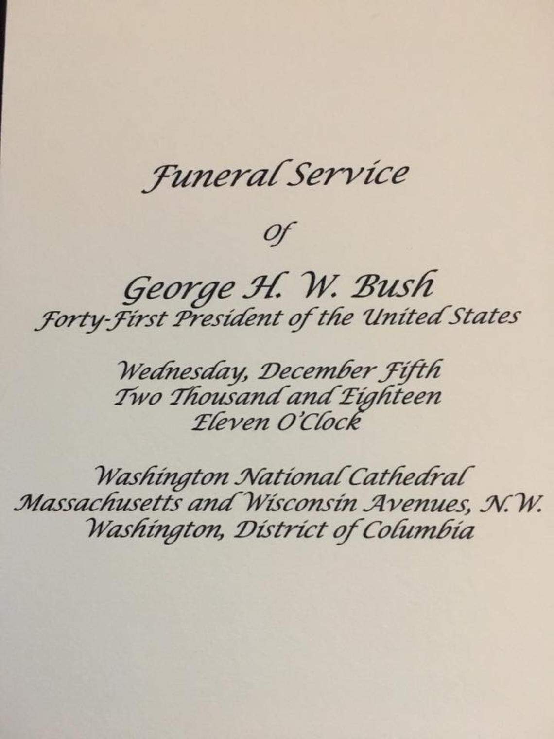 Joyce and Sam Moore’s copy of the funeral program for President George H.W. Bush at the Washington National Cathedral on Dec. 5, 2018.