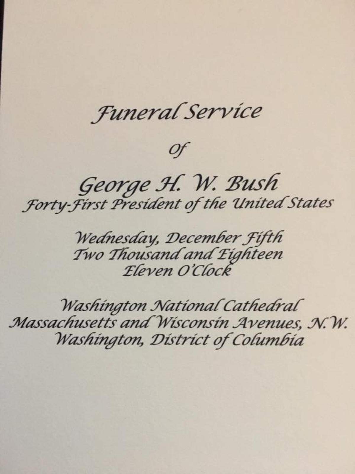 Joyce and Sam Moore’s copy of the funeral program for President George H.W. Bush at the Washington National Cathedral on Dec. 5, 2018.