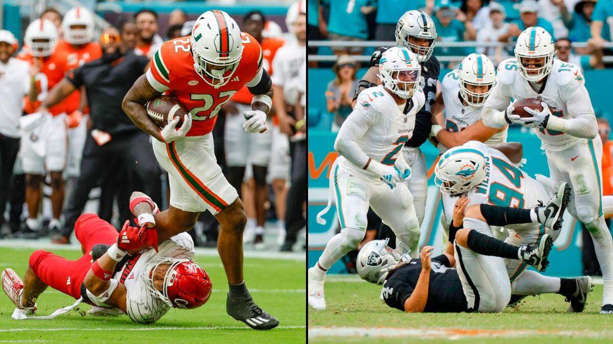 The Miami Hurricanes (left) and Miami Dolphins will play in back-to-back games on the day after Thanksgiving, 2023 -- known as Black Friday -- for the first time.