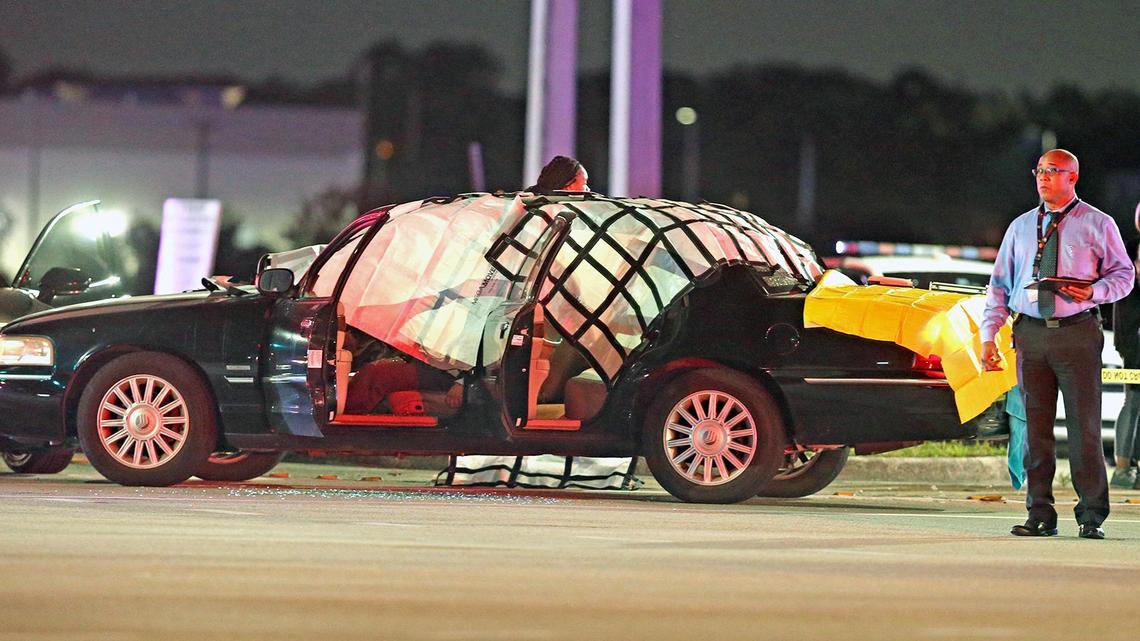 A vehicle that appears to be part of the crime scene where a UPS delivery truck, carjacked after a robbery in Coral Gables, was the center of a shootout amid traffic at Flamingo Road and Miramar Parkway, Dec. 5, 2019.
