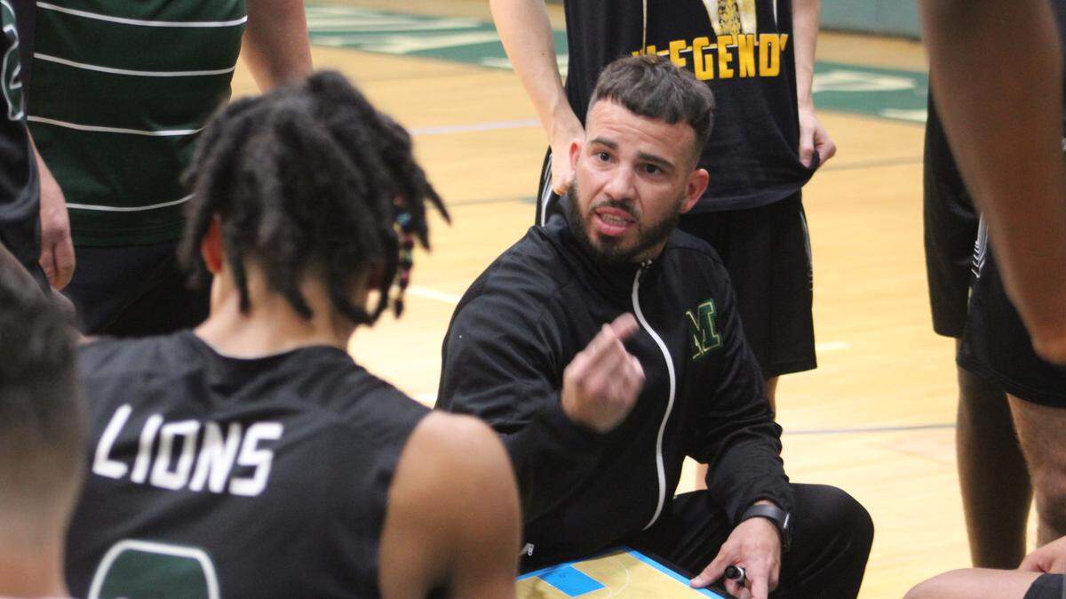 Mater Academy boys basketball coach Eric Rodriguez talks to his team in the huddle during a Junior Orange Bowl Tournament semifinal game on Tuesday, Dec. 29, 2020, at Westminster Christian.