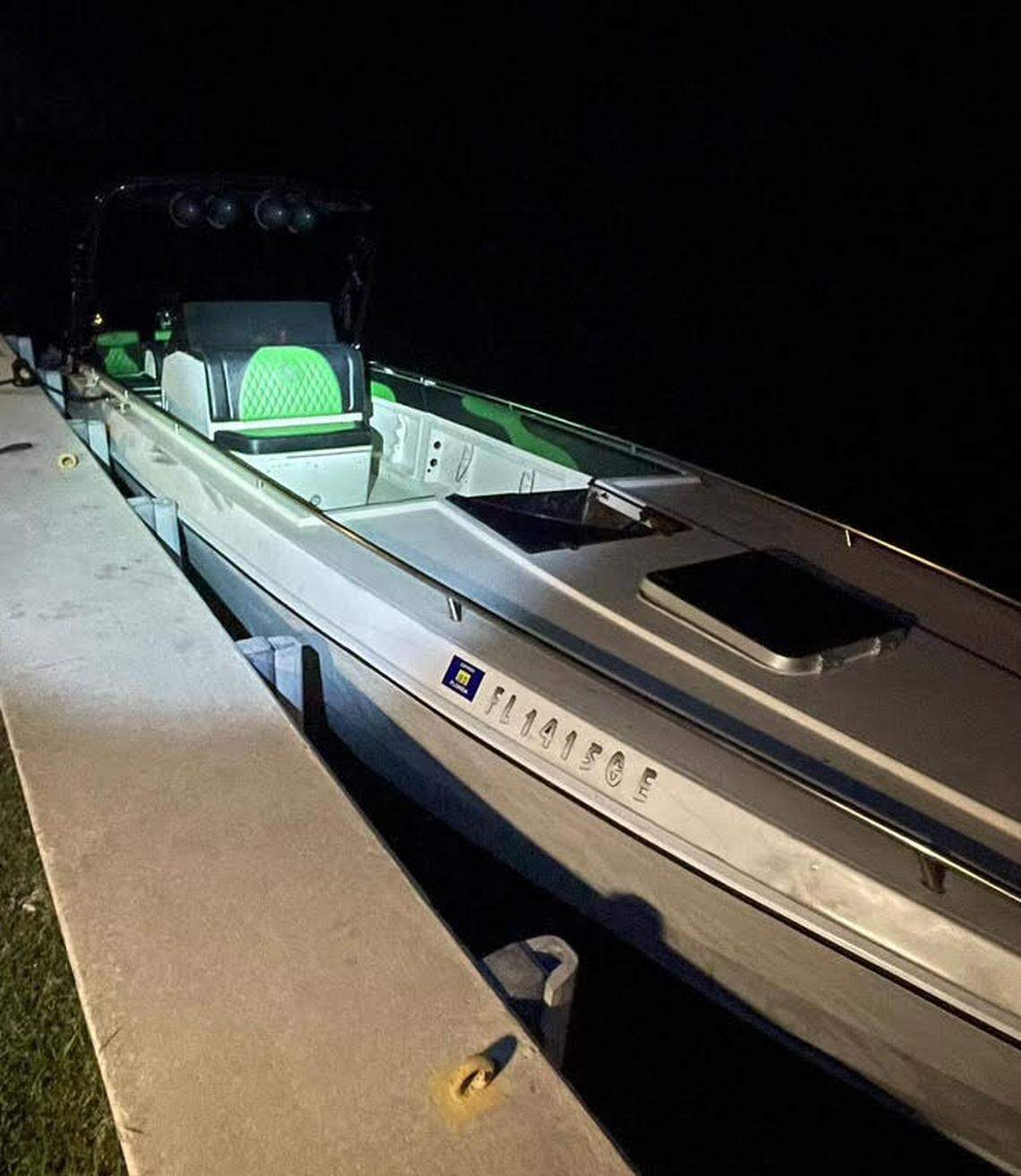 A speed boat is tied to a South Florida dock that the Monroe County Sheriff’s Office says was involved in a human smuggling operation in the Florida Keys Sunday, Aug. 19, 2024.