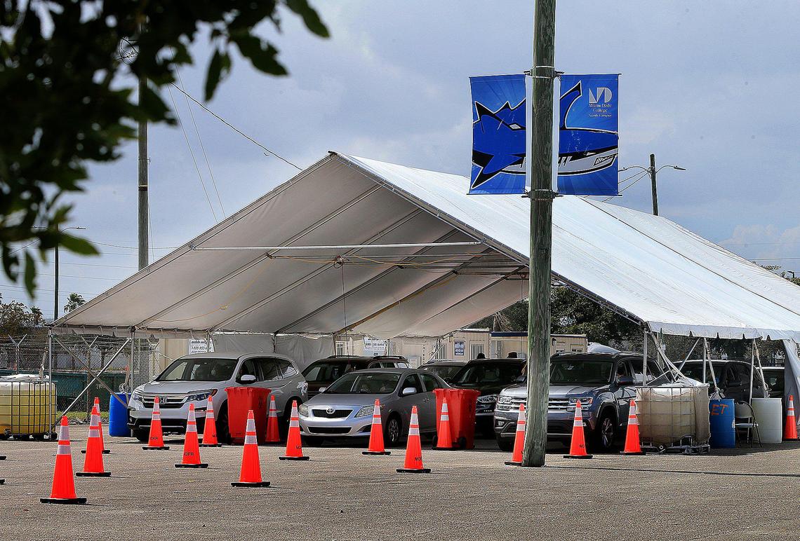 View of the COVID-19 vaccine site run by Miami-Dade County located at the Miami Dade College North Campus, on Friday, Feb. 19, 2021. On Friday, the White House announced the site will become a new federal vaccination center to open in March, one of four new federally supported sites that will operate in Florida. It will operate seven days a week, from 7 a.m. to 7 p.m. with about 2,000 vaccine doses available per day.