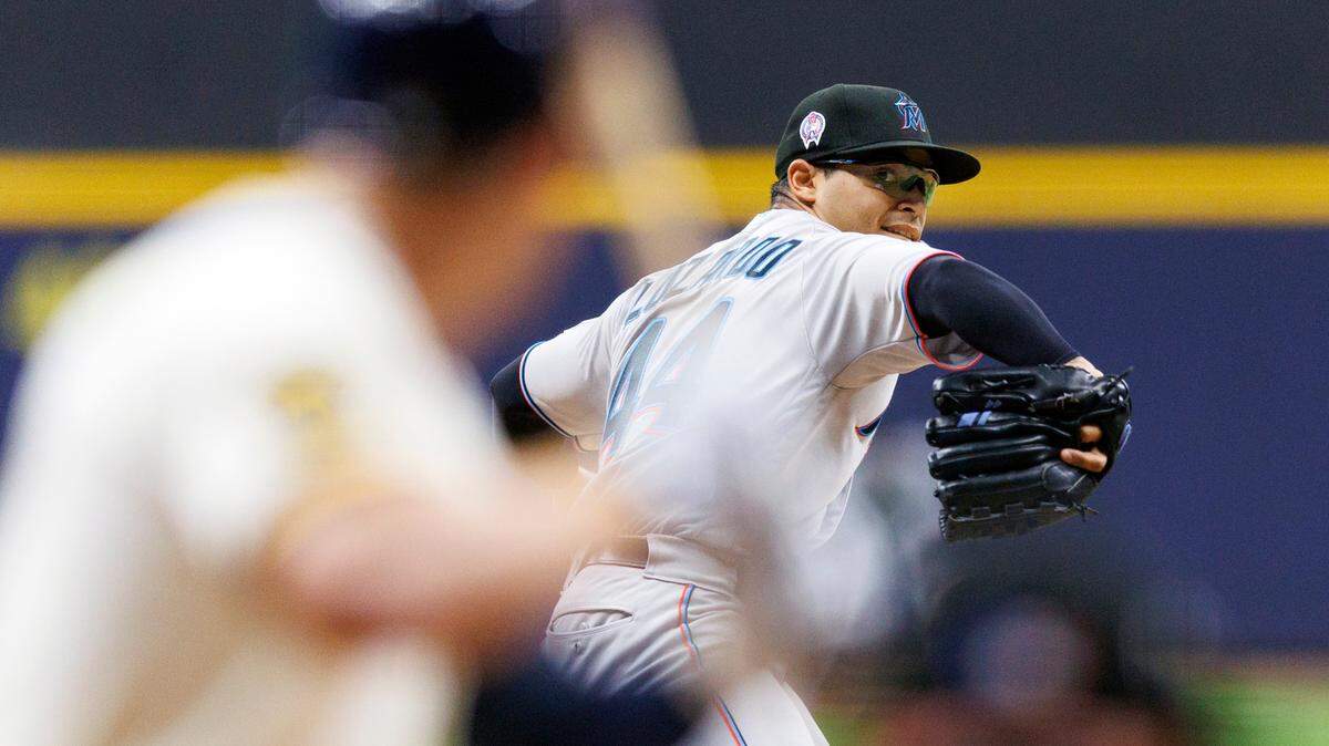 Sep 11, 2023; Milwaukee, Wisconsin, USA; Miami Marlins pitcher Jesus Luzardo (44) throws a pitch during the first inning against the Milwaukee Brewers at American Family Field.