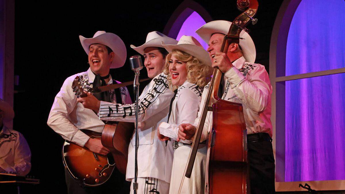 Jeremy Sevelovitz, Andy Christopher, Lindsey Corey and Stephen G. Anthony in Actors’ Playhouse’s ‘Hank Williams: Lost Highway’ through July 31 in Coral Gables.