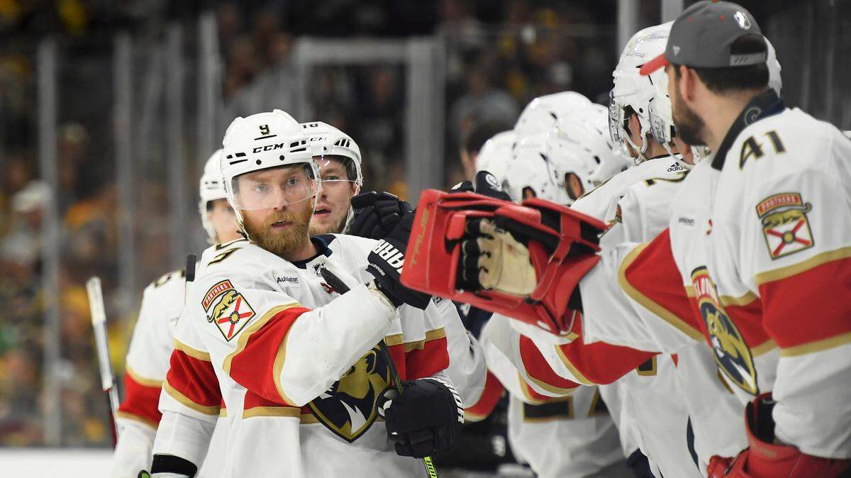May 12, 2024; Boston, Massachusetts, USA; Florida Panthers center Sam Bennett (9) is congratulated by his teammates after scoring a goal during the third period in game four of the second round of the 2024 Stanley Cup Playoffs against the Boston Bruins at TD Garden. Mandatory Credit: Bob DeChiara-USA TODAY Sports