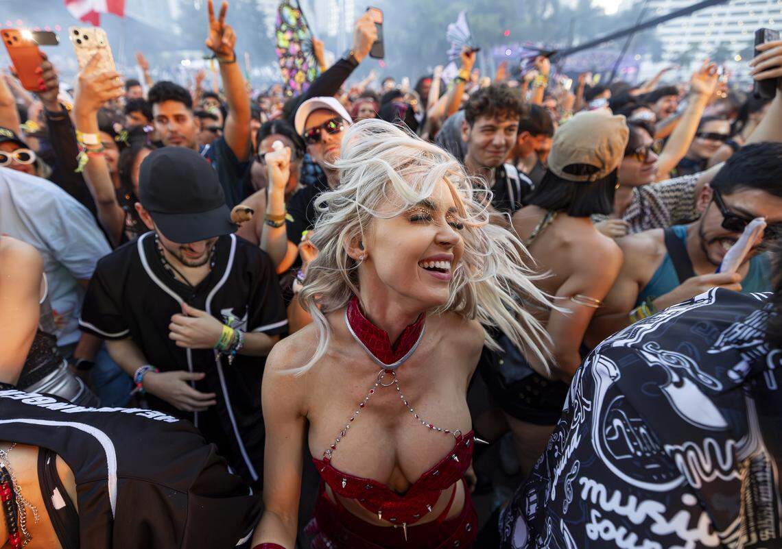 Carissa Lords dances as Excision performs during Ultra Music Festival’s 26th anniversary at Bayfront Park on Saturday, March 28, 2026, in downtown Miami, Fla.