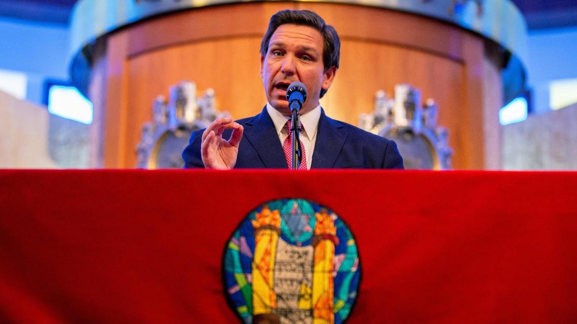 Florida Gov. Ron DeSantis speaks at a press conference as 500 seniors age 65 and over of three different faiths receive their first shot of the COVID-19 vaccine at the Turnberry Jewish Center at 20400 NE 30th Ave. in Aventura, Florida, on Thursday, Feb. 4, 2021.