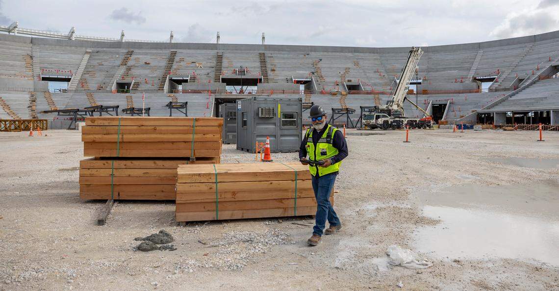 Jose Ayala, general superintendent on site for Lemartec, walks by as construction progresses at Miami Freedom Park on Tuesday, June 24, 2025, in Miami, Fla.