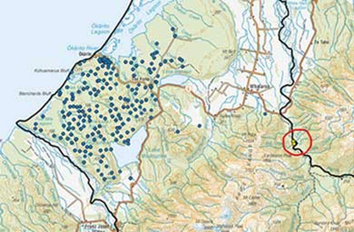 Rowi are typically found in Ōkārito Forest, but the trail camera captured the image of a bird further inland (red circle).