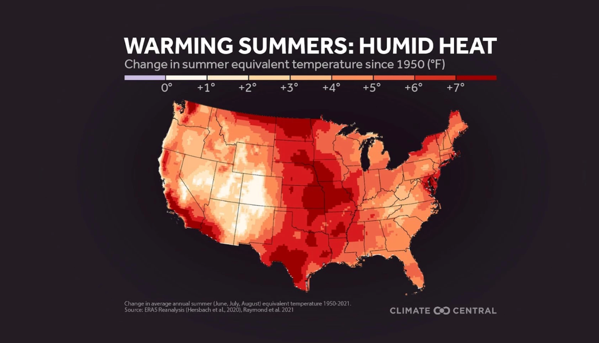 This map shows the change in the average annual summer equivalent temperature from 1950 to 2021.