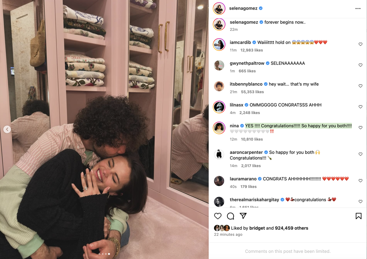 Selena Gomez poses with Benny Blanco following engagement.