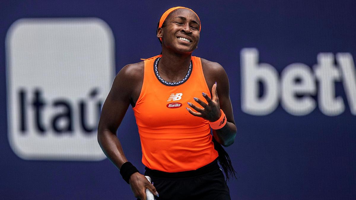 Coco Gauff, (USA), reacts as she missed a shot from Anastasia Potapova (RUS), during their match at the Miami Open tennis tournament at the Hard Rock Stadium in Miami Gardens, on Saturday March 25, 2023.