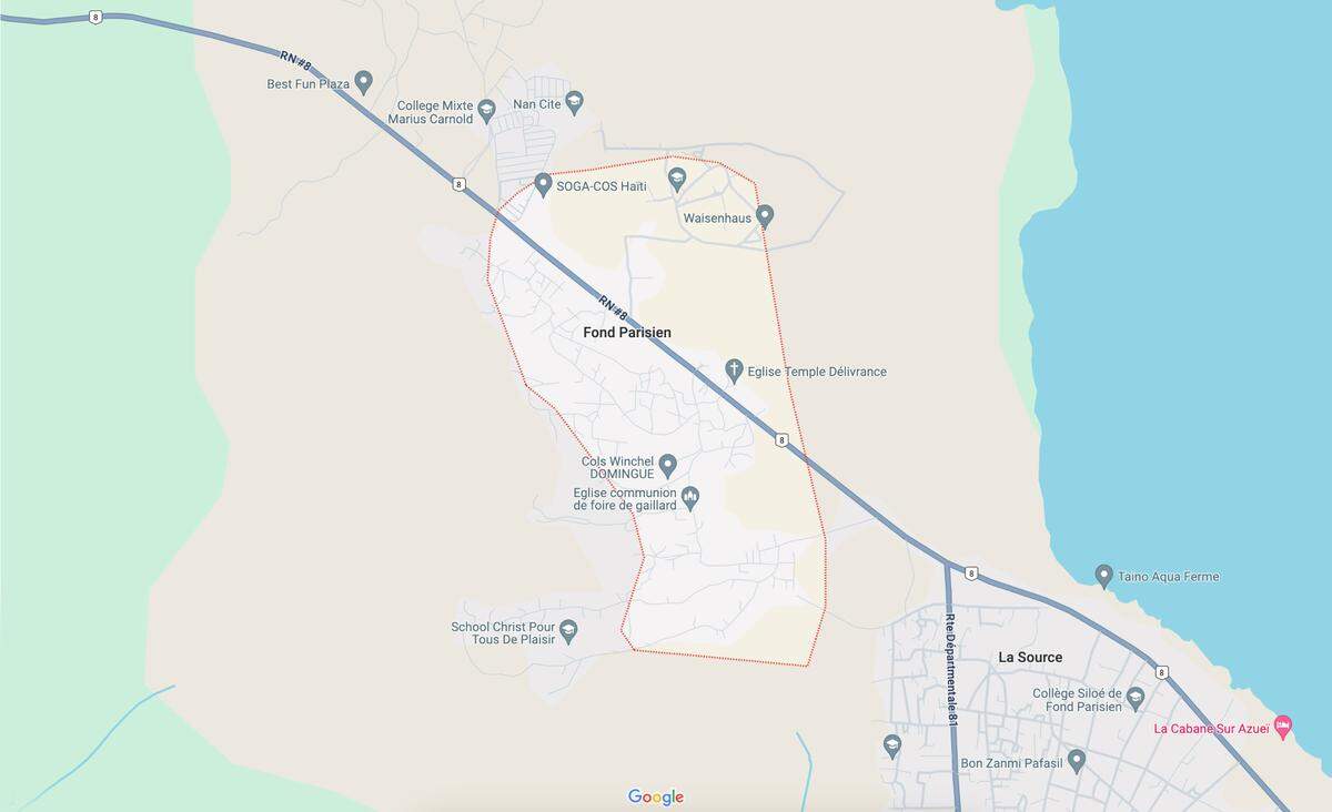 A map of Fond-Parisien, a Haitian border town under threat of of a gang invasion despite the presence of an armed international force being led by Kenya.