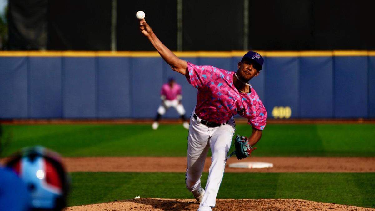 Right-handed pitcher Eury Perez throws a pitch for the Pensacola Blue Wahoos on Sunday, May 7, 2023.