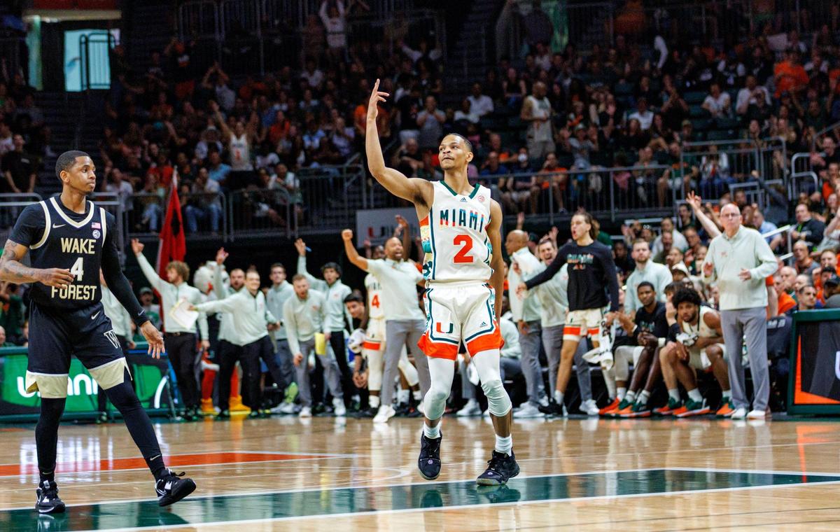 Miami Hurricanes guard Isaiah Wong (2) reacts after hitting a three pointer during the first half of an NCAA college basketball game gainst the Wake Forest Demon Deaconsat Watsco Center on Saturday, February 18, 2023 in Coral Gables, Florida.