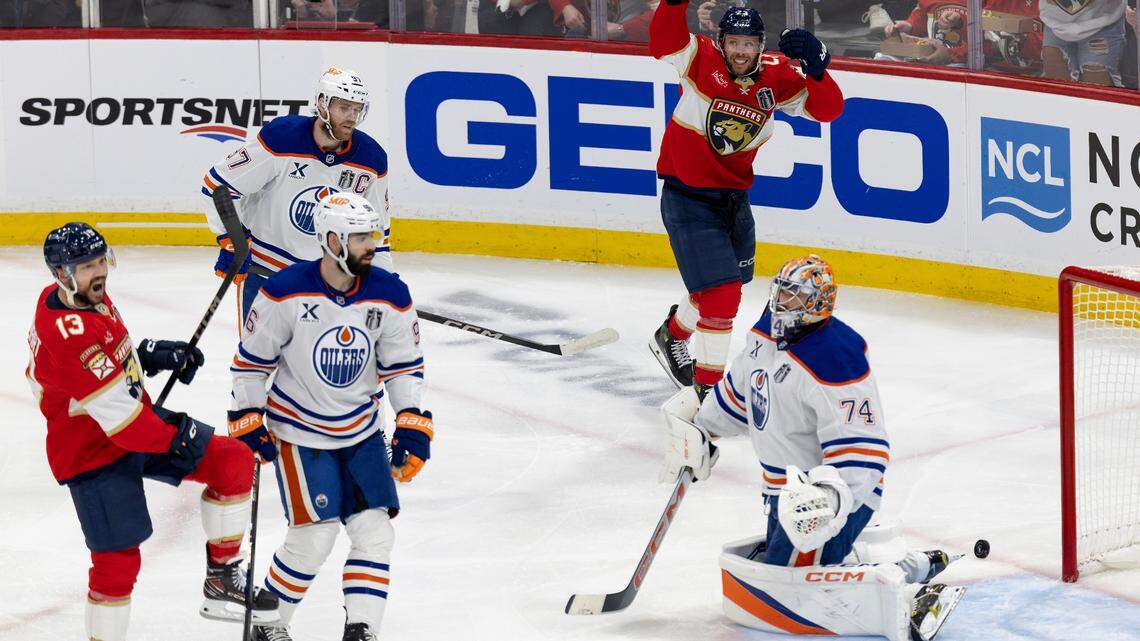 Florida Panthers center Sam Reinhart (13) reacts after scoring past Edmonton Oilers goaltender Stuart Skinner (74) during the second period of Game 3 in the NHL Stanley Cup Final at Amerant Bank Arena on Monday, June 9, 2025, in Sunrise, Fla.