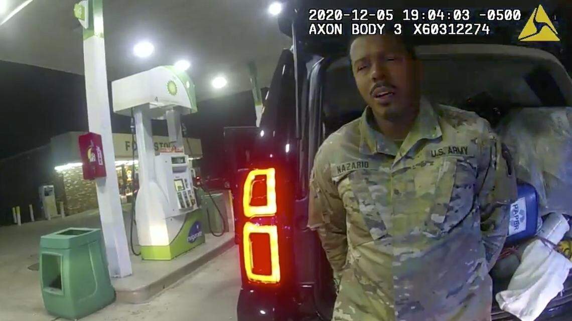 FILE - In this image made from Windsor, Va., Police video, a police officer speaks with Caron Nazario during a traffic stop on Dec. 20, 2020, in Windsor, Va.