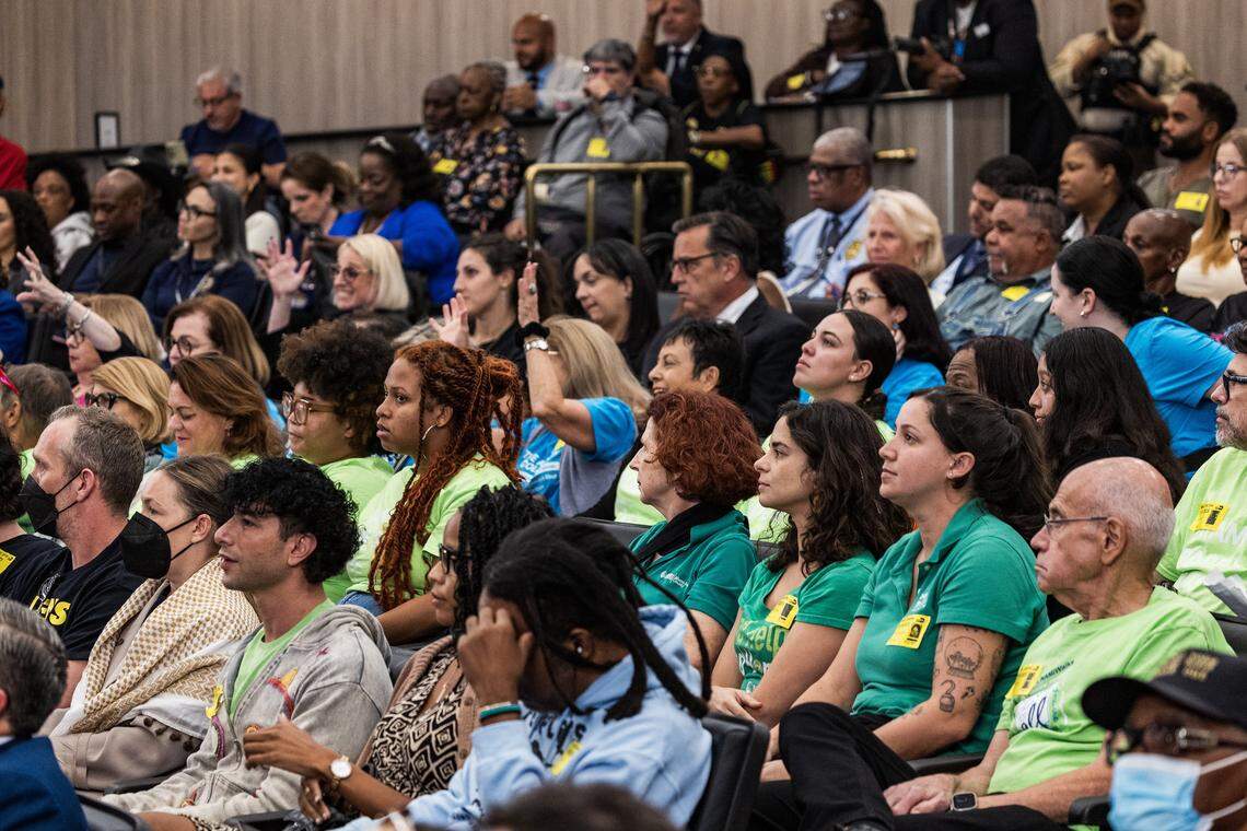 Residents and attendees react as Miami-Dade County Mayor Daniella Levine Cava presents her $12.9 billion spending proposal, during the final budget meeting at the County Commission Chambers, on Thursday September 18, 2025.