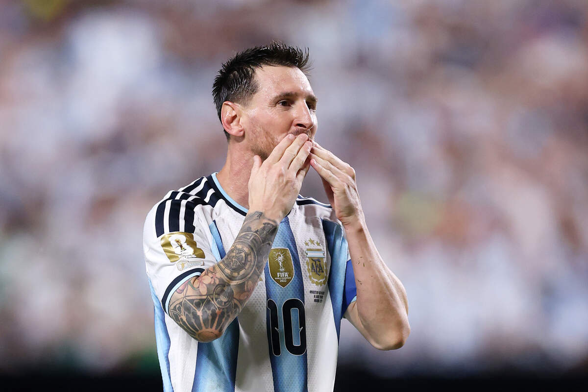 KANSAS CITY, MISSOURI - JUNE 16: Lionel Messi #10 of Argentina celebrates scoring his team's third and hat trick goal during the FIFA World Cup 2026 Group J match between Argentina and Algeria at Kansas City Stadium on June 16, 2026 in Kansas City, Missouri. (Photo by Michael Steele/Getty Images)