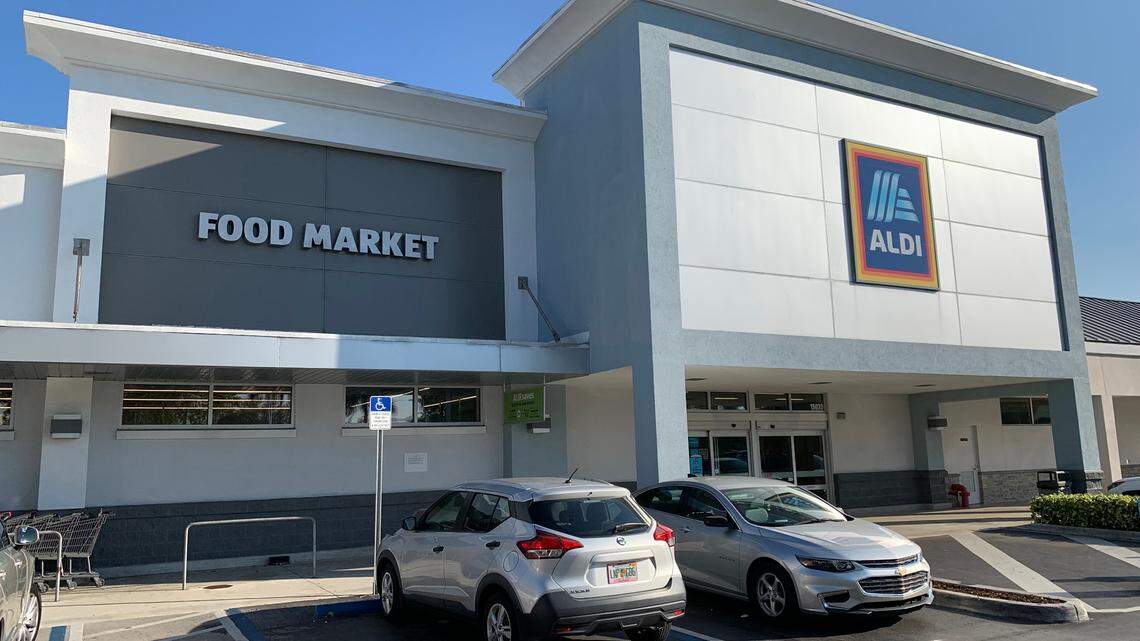 Aldi storefront in the Coral Reef Shopping Center at 15033 S. Dixie Hwy. in Palmetto Bay, Florida.
