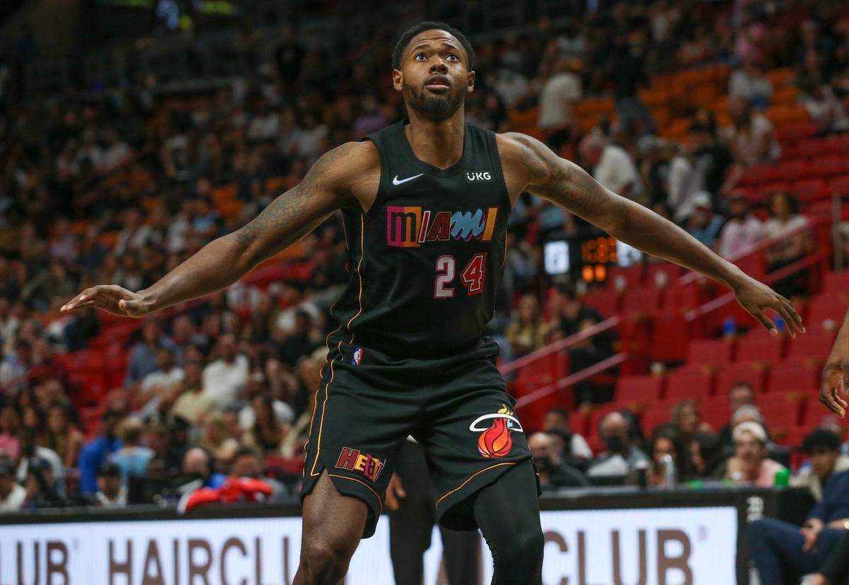 Miami Heat forward Haywood Highsmith (24) is on the court in the fourth quarter against the Cleveland Cavaliers at FTX Arena in Miami on March 11, 2022.