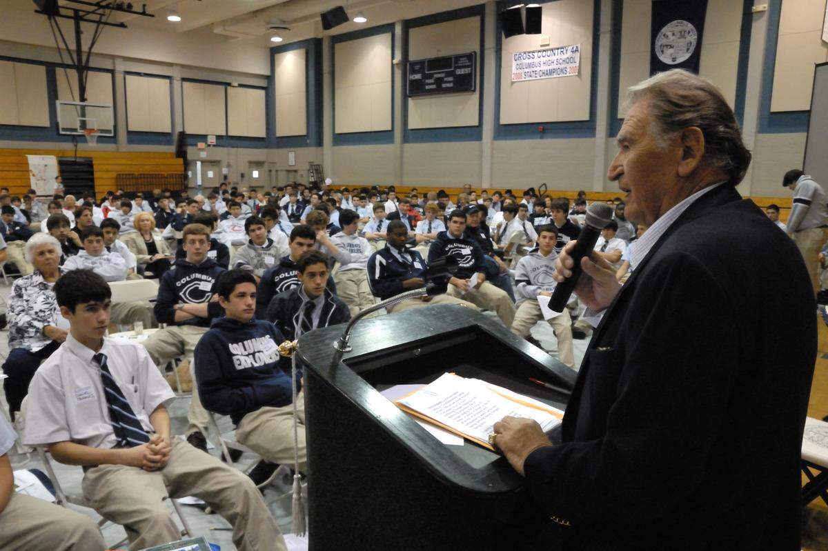 Leo Rosner, a survivor of the Mauthausen concentration camp, speaks at a student awareness day at Columbus High School, March 16, 2010, in Westchester. Presented by the Holocaust Documentation Center.