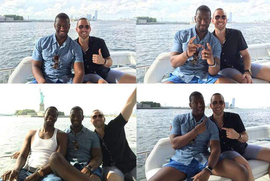 These are photos from the controversial New York City trip.  At bottom left, Andrew Gillum poses with Adam Corey and his brother, Marcus.