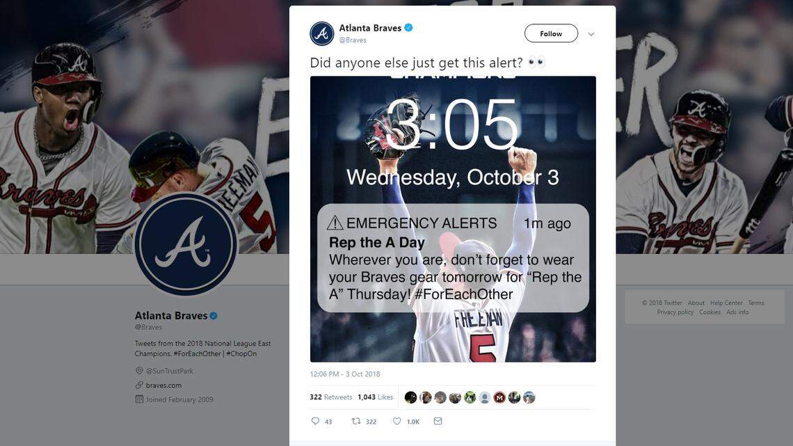 A ‘presidential alert’ hit cellphones nationwide. The Atlanta Braves had a funny spin.