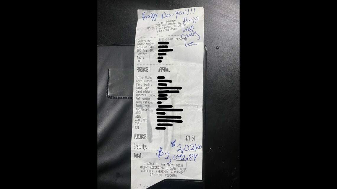 Loyal customer tips $2,021 on New Year’s Day order at North Miami Beach restaurant