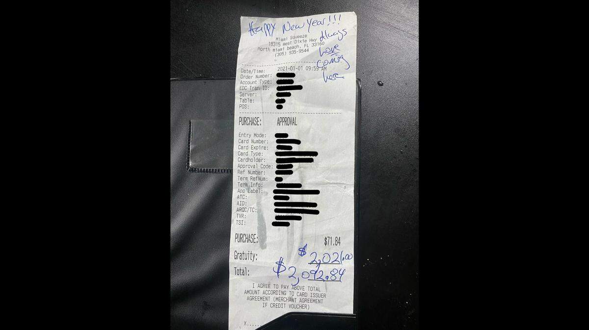 A loyal customer of Miami Squeeze, a health conscious eatery in North Miami Beach, left a $2,021 tip for staff to split on her New Year’s Day order.