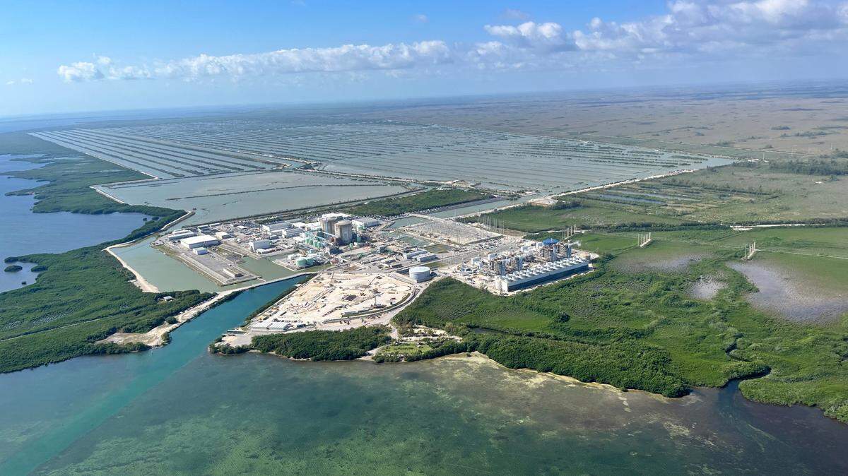 An aerial view of the cooling canal system at the Turkey Point nuclear power plant in Homestead, Florida on February 23, 2023.