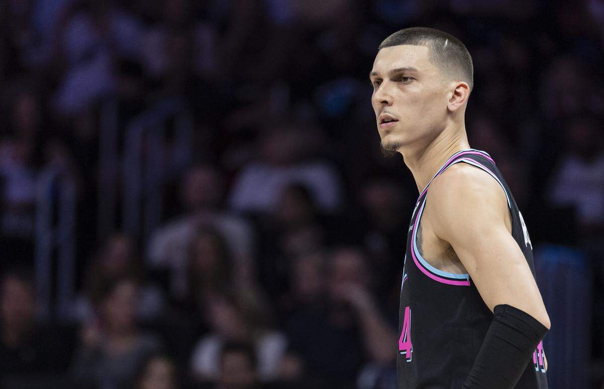 Miami Heat guard Tyler Herro (14) looks on after a play against the Houston Rockets in the first half of their NBA game at Kaseya Center on Feb. 28, 2026, in Miami.