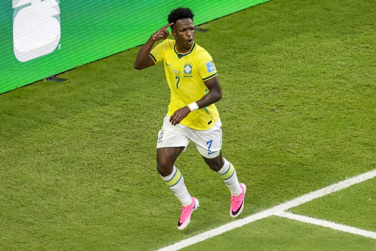 Brazil forward Vinícius Júnior (7) reacts after scoring in the first half against Scotland of their World Cup Group C soccer match at Hard Rock Stadium (Miami Stadium) on Wednesday, June 24, 2026, in Miami Gardens, Fla.