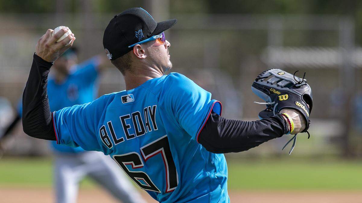 Miami Marlins JJ Bleday (67) throws during Miami Marlins spring training at the Roger Dean Chevrolet Stadium in Jupiter  on Tuesday, February 18, 2020.