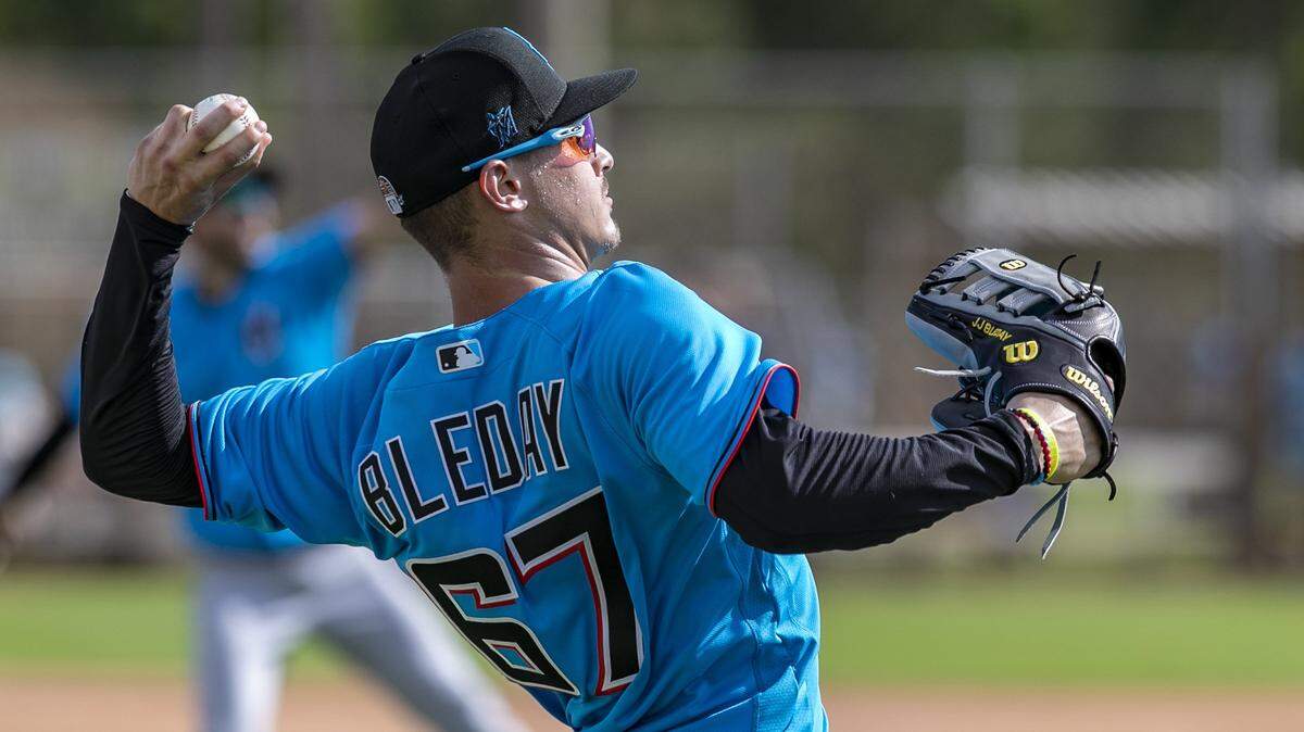 Miami Marlins JJ Bleday (67) throws during Miami Marlins spring training at the Roger Dean Chevrolet Stadium in Jupiter on Tuesday, February 18, 2020.