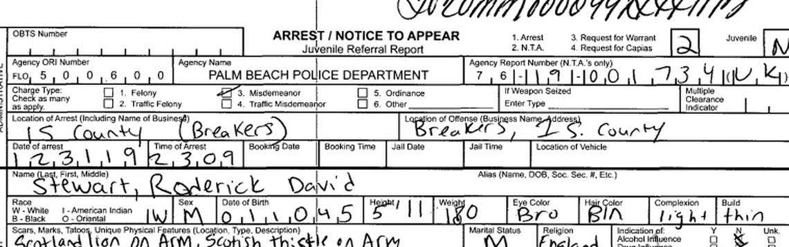 The arrest report issued on rocker Rod Stewart by the Palm Beach Police Department on Dec. 31, 2019. The British pop star has a home in Palm Beach and was charged with simple battery, along with his son Sean Stewart, over an incident at the Breakers, police say.