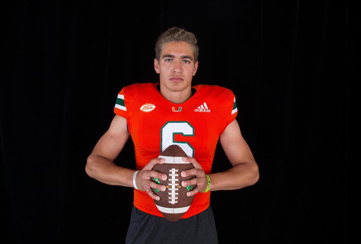 Jake Garcia, a University of Miami Hurricanes freshman quarterback in 2021, will wear jersey No. 13, not the No. 6 shown in this photo.