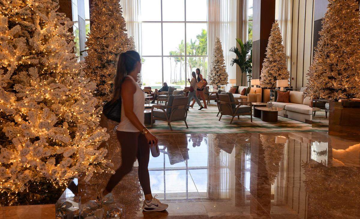 The main lobby area has new flooring, windows, and decor that is of part the Ritz-Carlton’s renovations as the luxury hotel reopened after undergoing several months of renovations. Taken on Tuesday, December 16, 2025, in Key Biscayne, Florida.