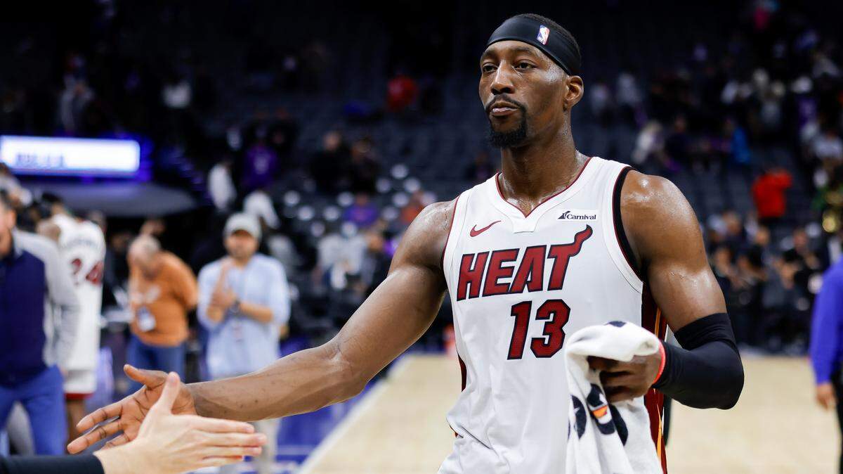 Miami Heat center Bam Adebayo (13) walks off the court after the game against the Sacramento Kings at Golden 1 Center on Feb. 26, 2024.
