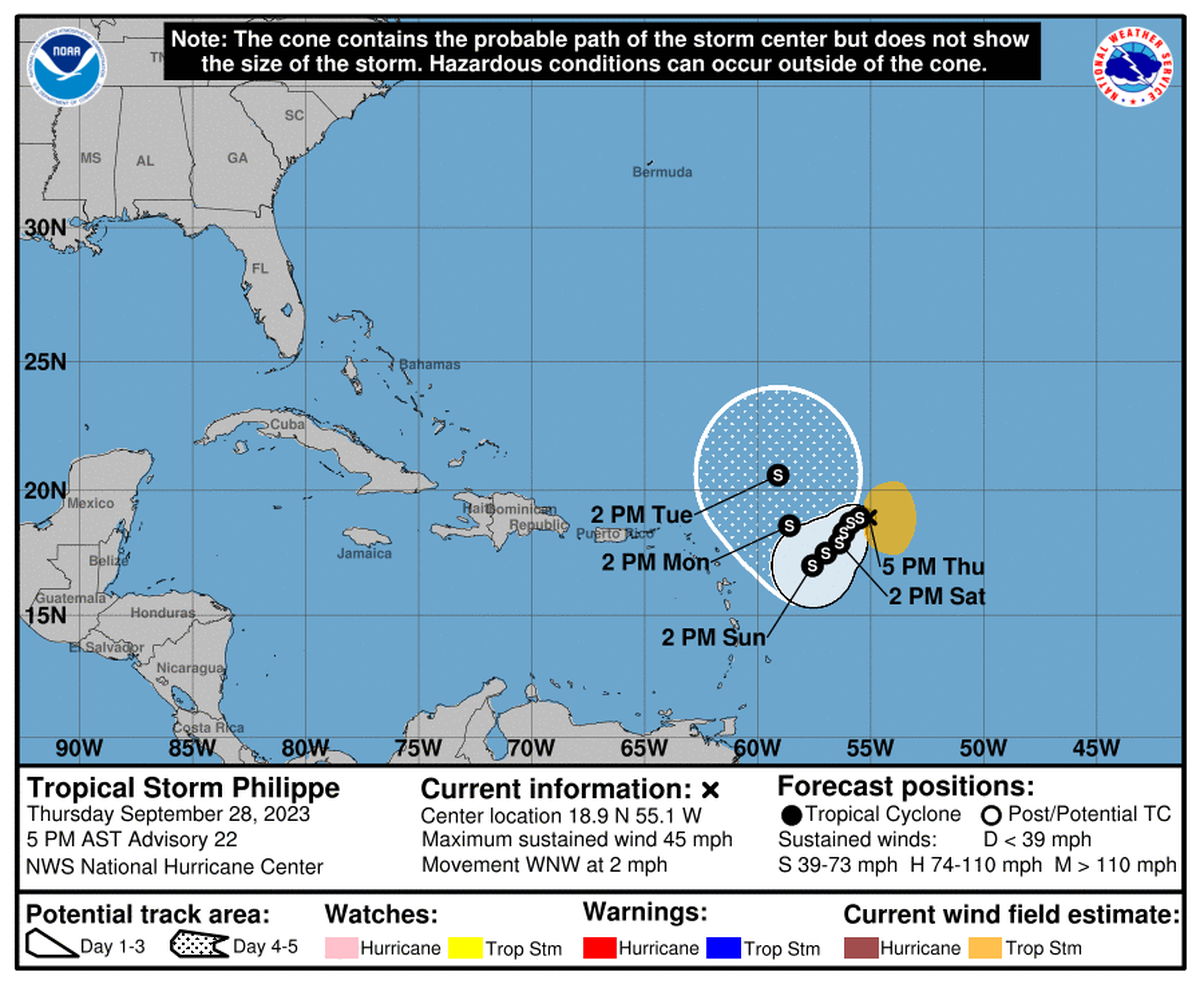 Tropical Storm Philippe’s 5 p.m. forecast map on Thursday, Sept. 28, 2023.