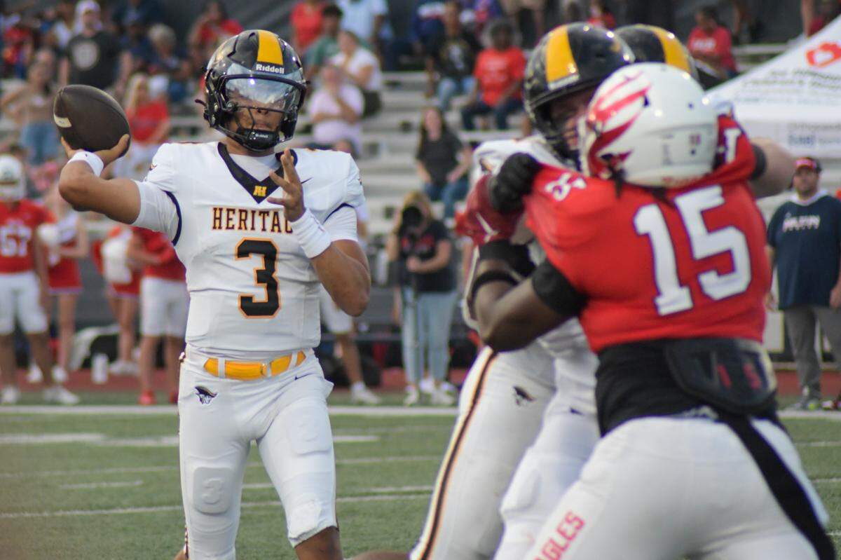 American Heritage quarterback attempts a pass against Milton on Friday, Aug. 23, 2024, in a Broward County High School National Football Showcase game at St. Thomas Aquinas in Fort Lauderdale, Florida.