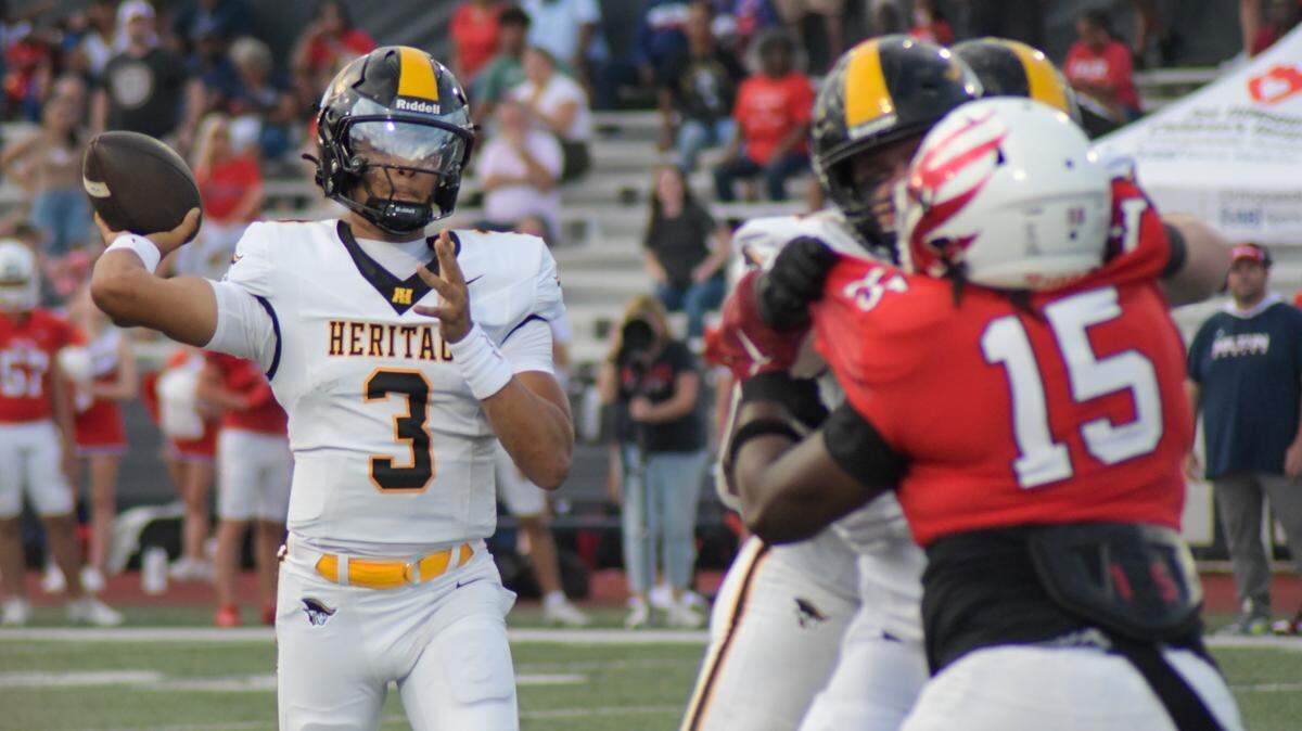 American Heritage quarterback attempts a pass against Milton on Friday, Aug. 23, 2024, in a Broward County High School National Football Showcase game at St. Thomas Aquinas in Fort Lauderdale, Florida.