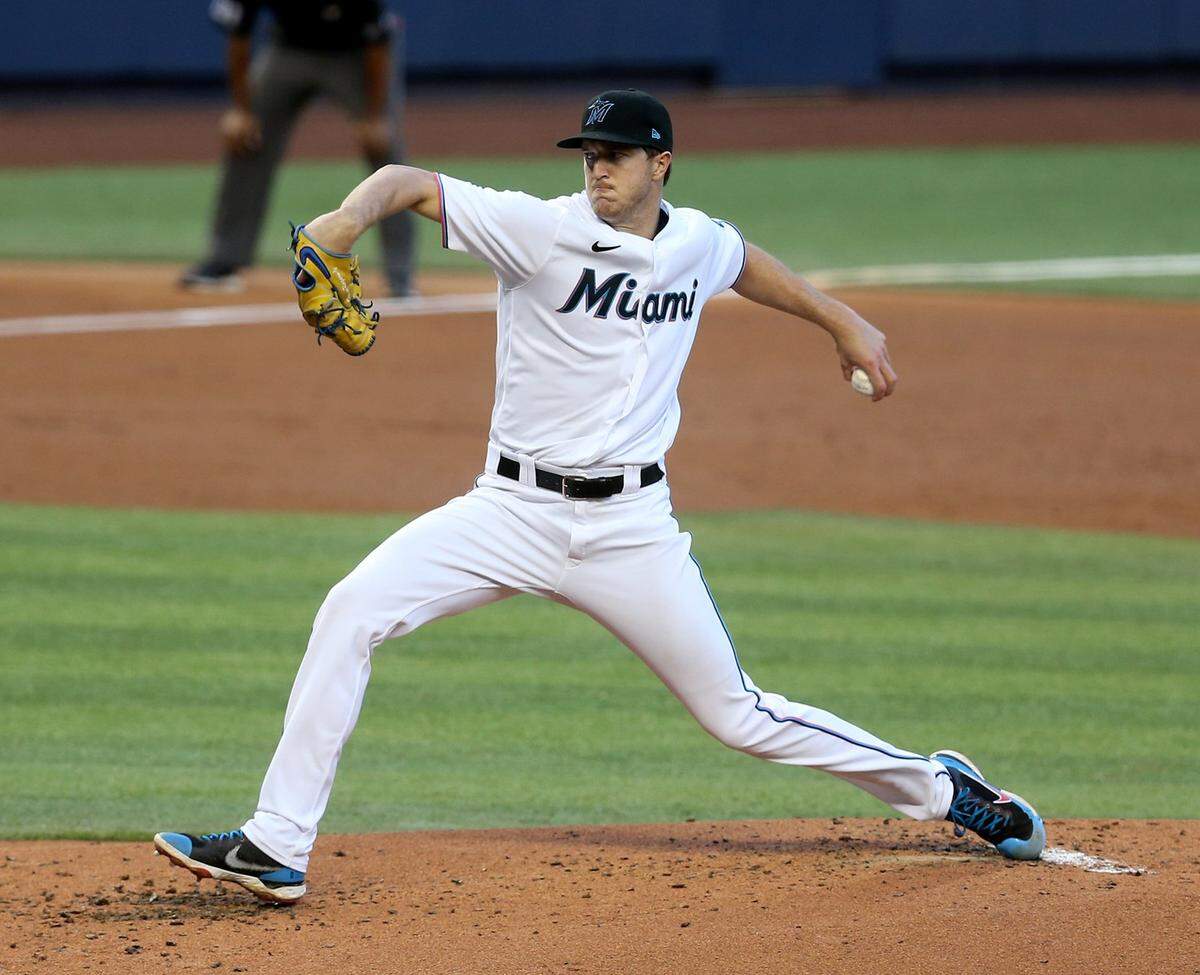 Miami Marlins pitcher Trevor Rogers (28) in the first inning as they play the St. Louis Cardinals at loanDepot park in Miami, Florida, Monday, April 5, 2021.