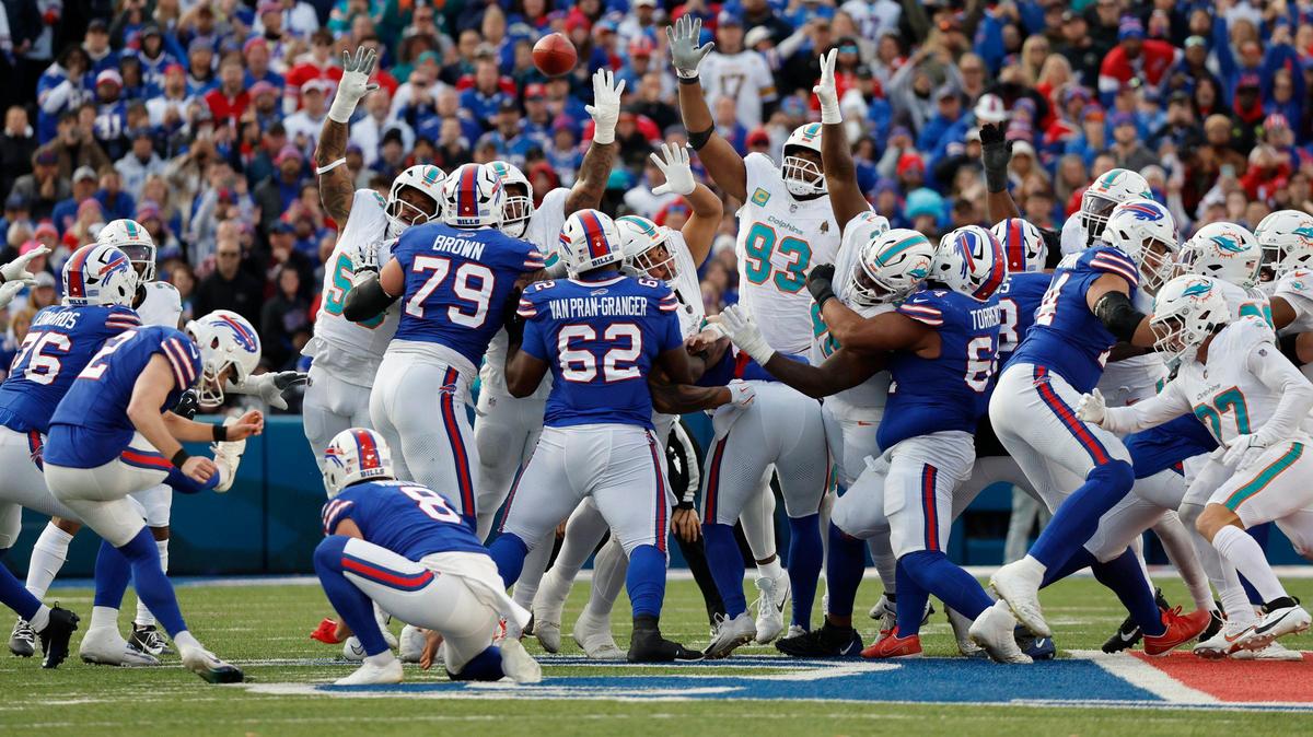 Buffalo Bills place kicker Tyler Bass (2) kicks the game winning field goal against the Miami Dolphins in the final seconds of their NFL game at Highmark Stadium in Orchard Park, New York on Sunday, November 3, 2024.